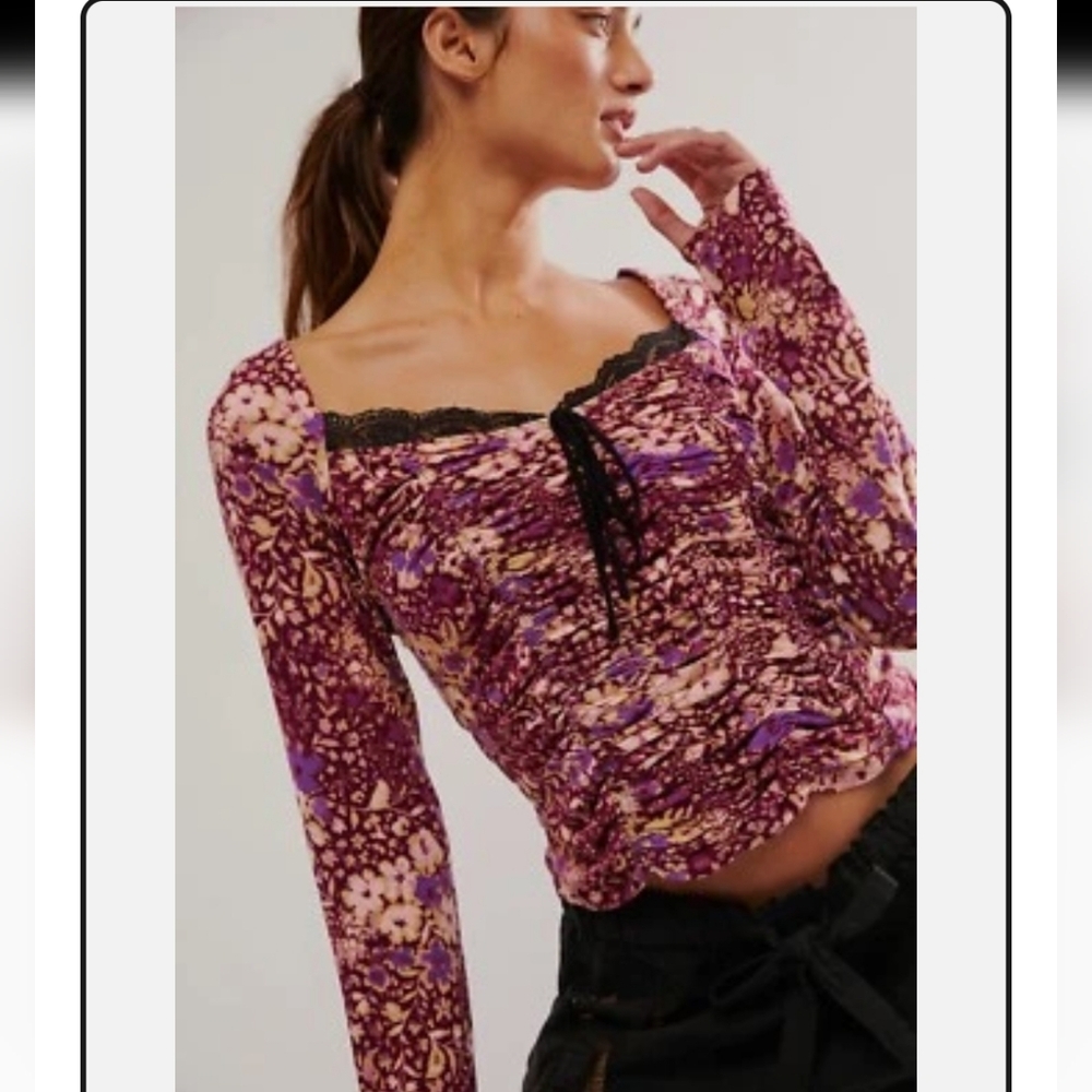 SALE--Floral Lace Trim Long Sleeve Top